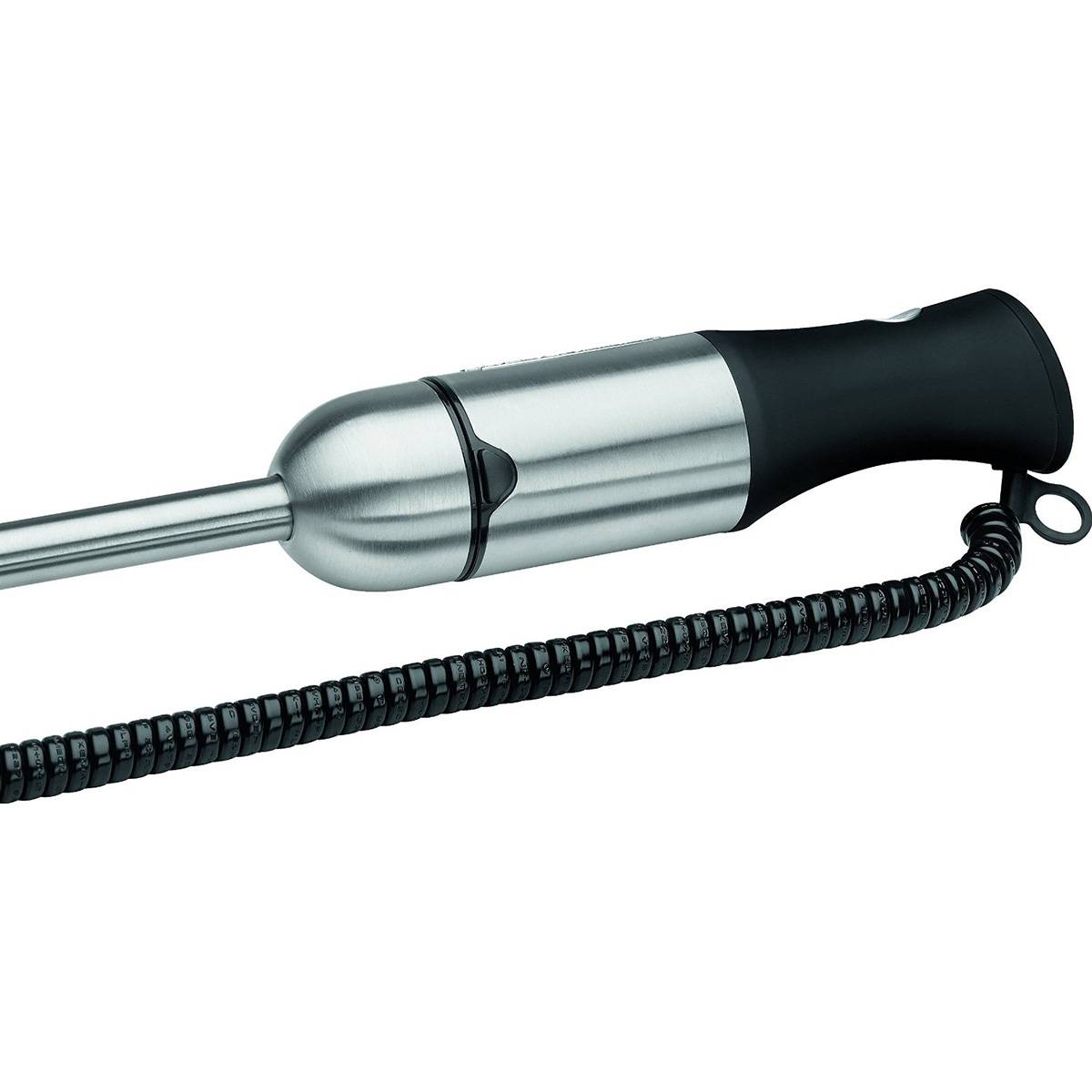 Blender ręczny z podstawą ze stali nierdzewnej i czarnym uchwytem. Dołączony czarny, spiralny przewód.