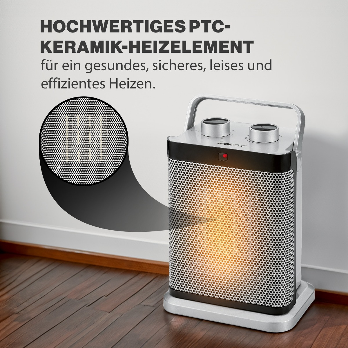 Srebrno-czarny grzejnik ceramiczny z siatkowym przodem i zbliżeniem elementu grzejnego.