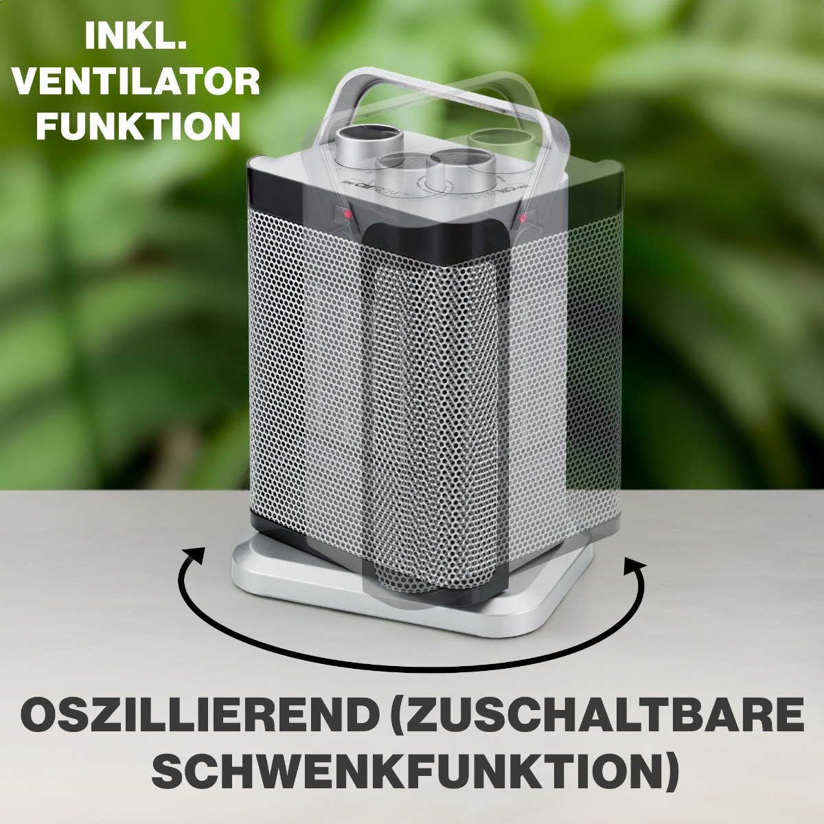 Srebrno-czarny grzejnik wentylatorowy. Tekst: INKL. VENTILATOR FUNKTION. Tekst: OSILLIEREND (ZUSCHALTBARE SCHWENKFUNKTION).
