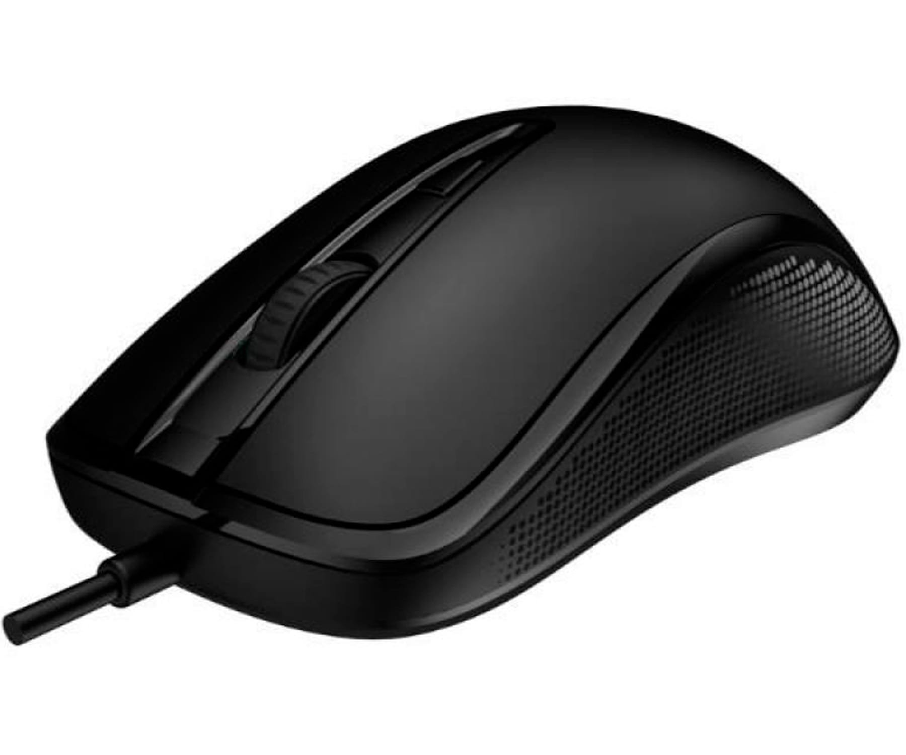 Czarna mysz komputerowa z kółkiem przewijania i kablem.