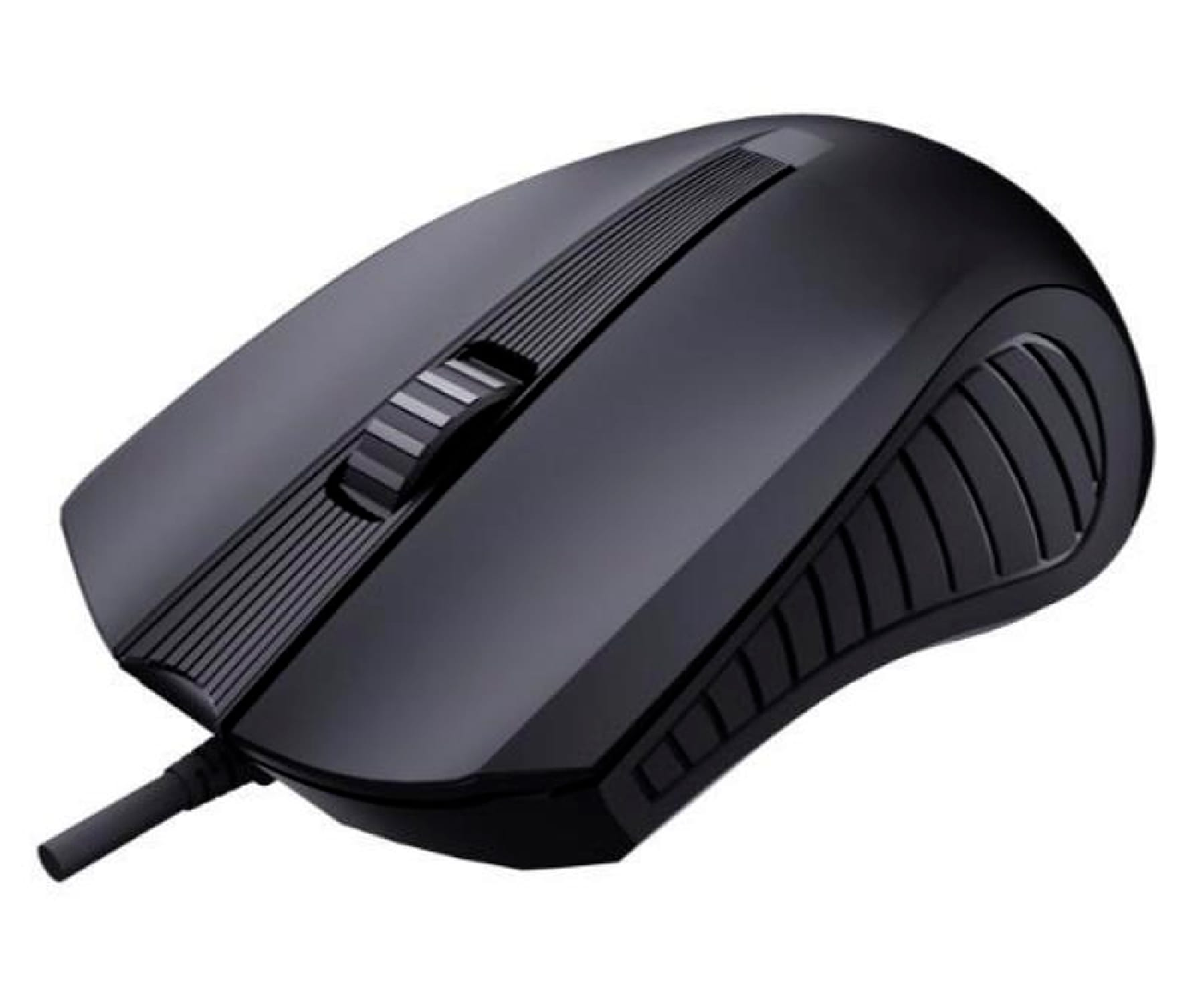 Czarna mysz komputerowa z kółkiem przewijania i bocznymi przyciskami, na białym tle.