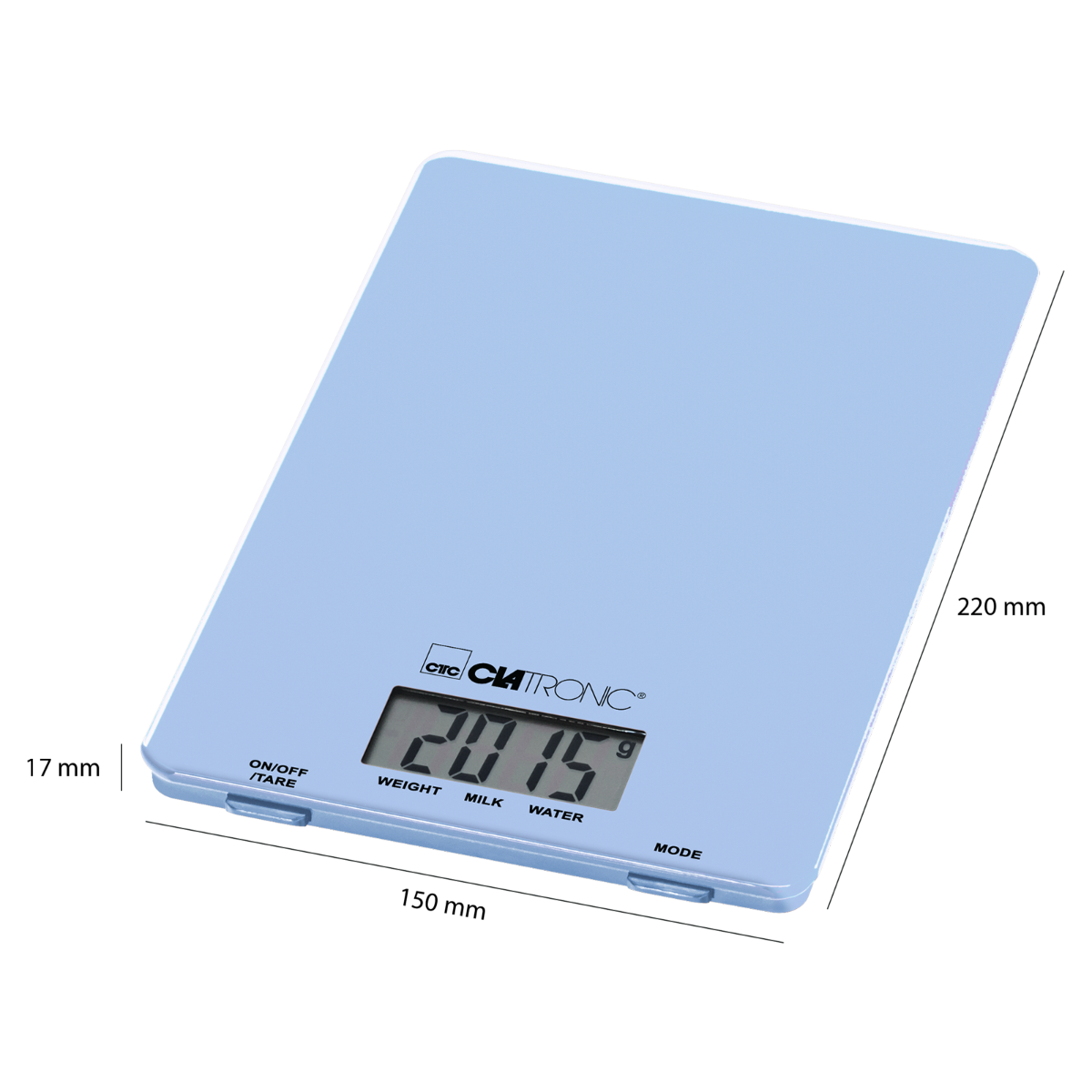 Niebieska waga kuchenna z wyświetlaczem cyfrowym pokazującym 2015. Białe tło.