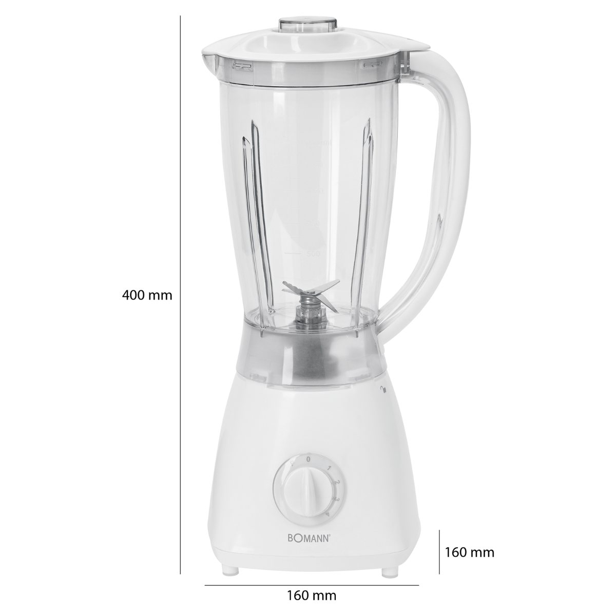 Biały blender z przezroczystym dzbankiem. Biała podstawa. Obraz pionowy. Oznaczenia pomiarowe z boku.