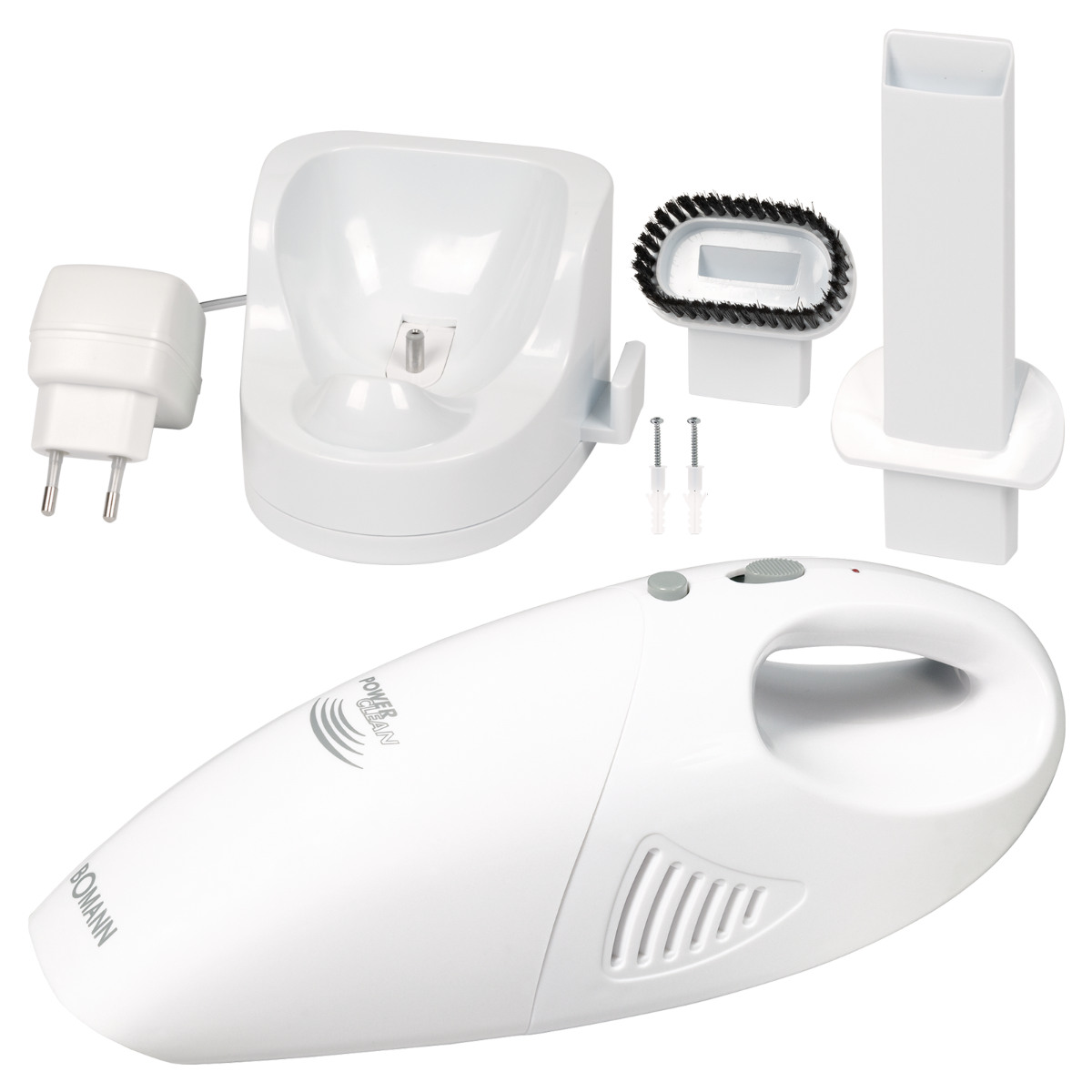Biały odkurzacz ręczny z akcesoriami: szczotką, ssawką szczelinową i stacją ładującą.