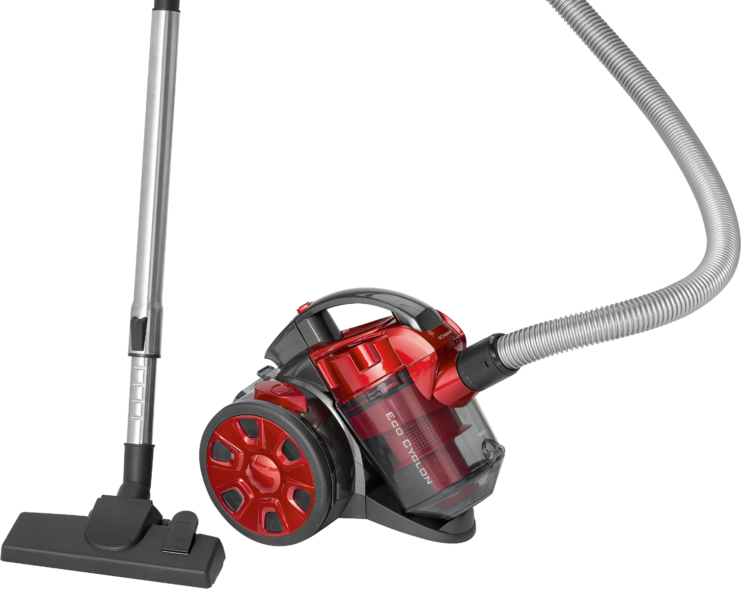 Czerwono-czarny odkurzacz z akcesoriami na białym tle.