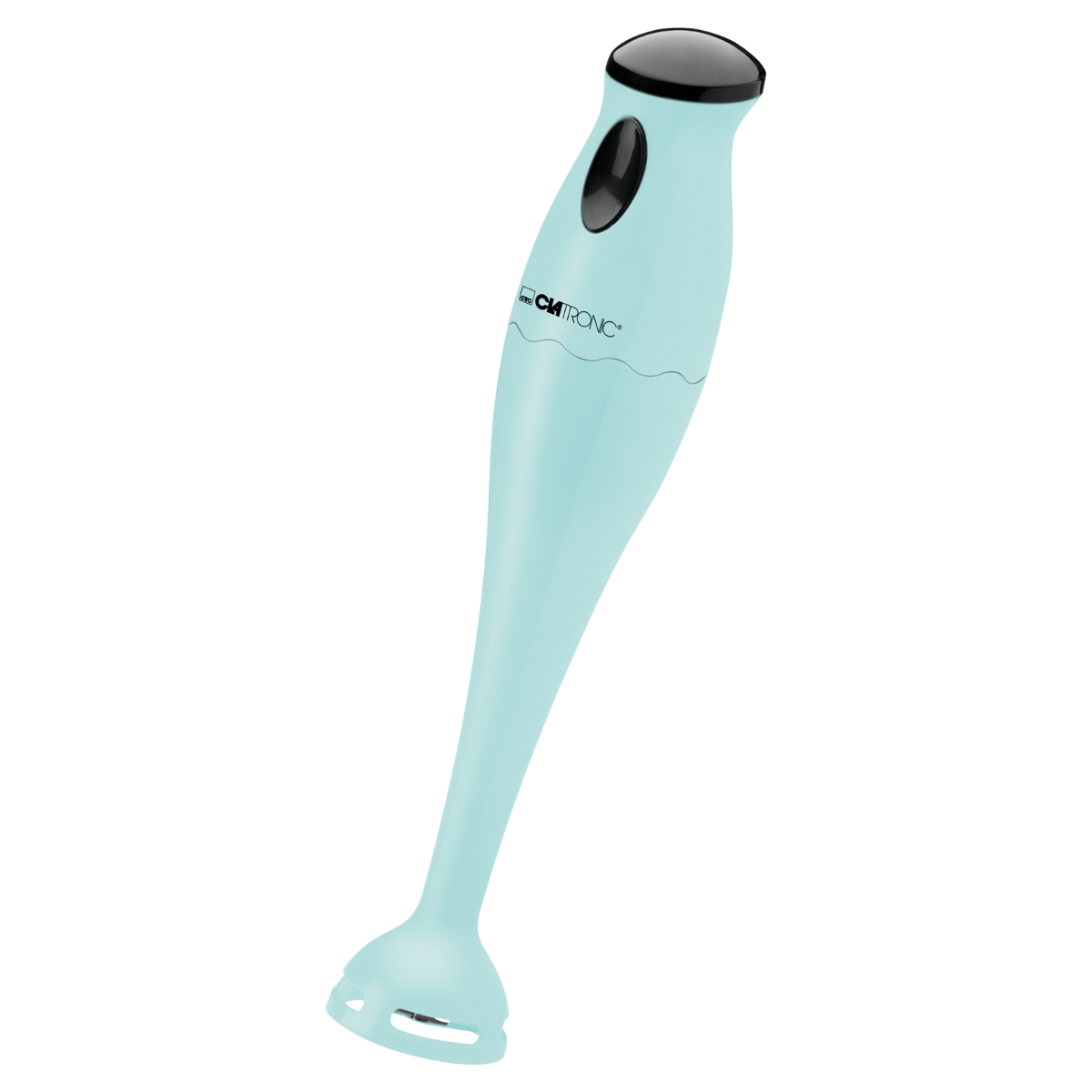 Jasnoniebieski blender ręczny z czarnym przyciskiem i czarnym tłem.