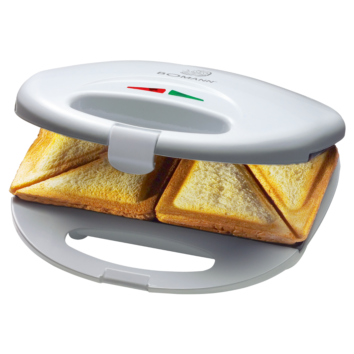 Biały opiekacz do kanapek z dwoma tostowanymi kanapkami w środku, gotowymi do podania.