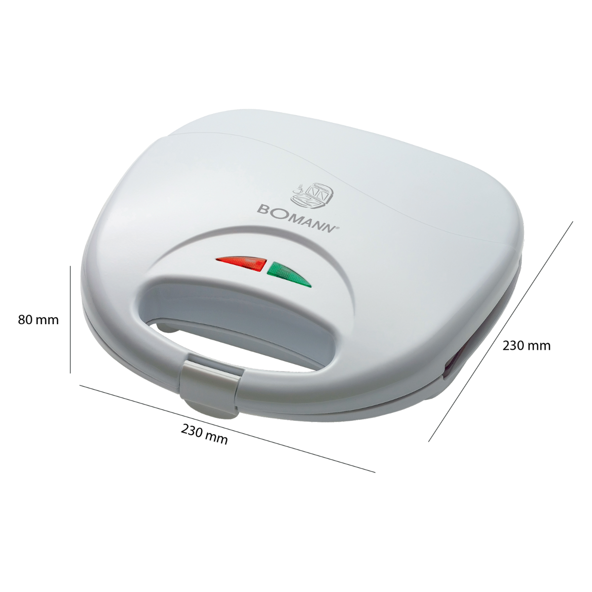 Biały opiekacz do kanapek z czerwonymi i zielonymi lampkami kontrolnymi i uchwytem, na czarnym tle.