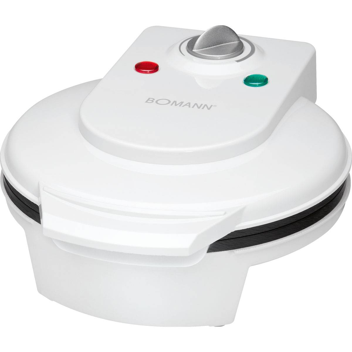 Biała gofrownica z czerwonymi i zielonymi światłami oraz marką BOMANN.
