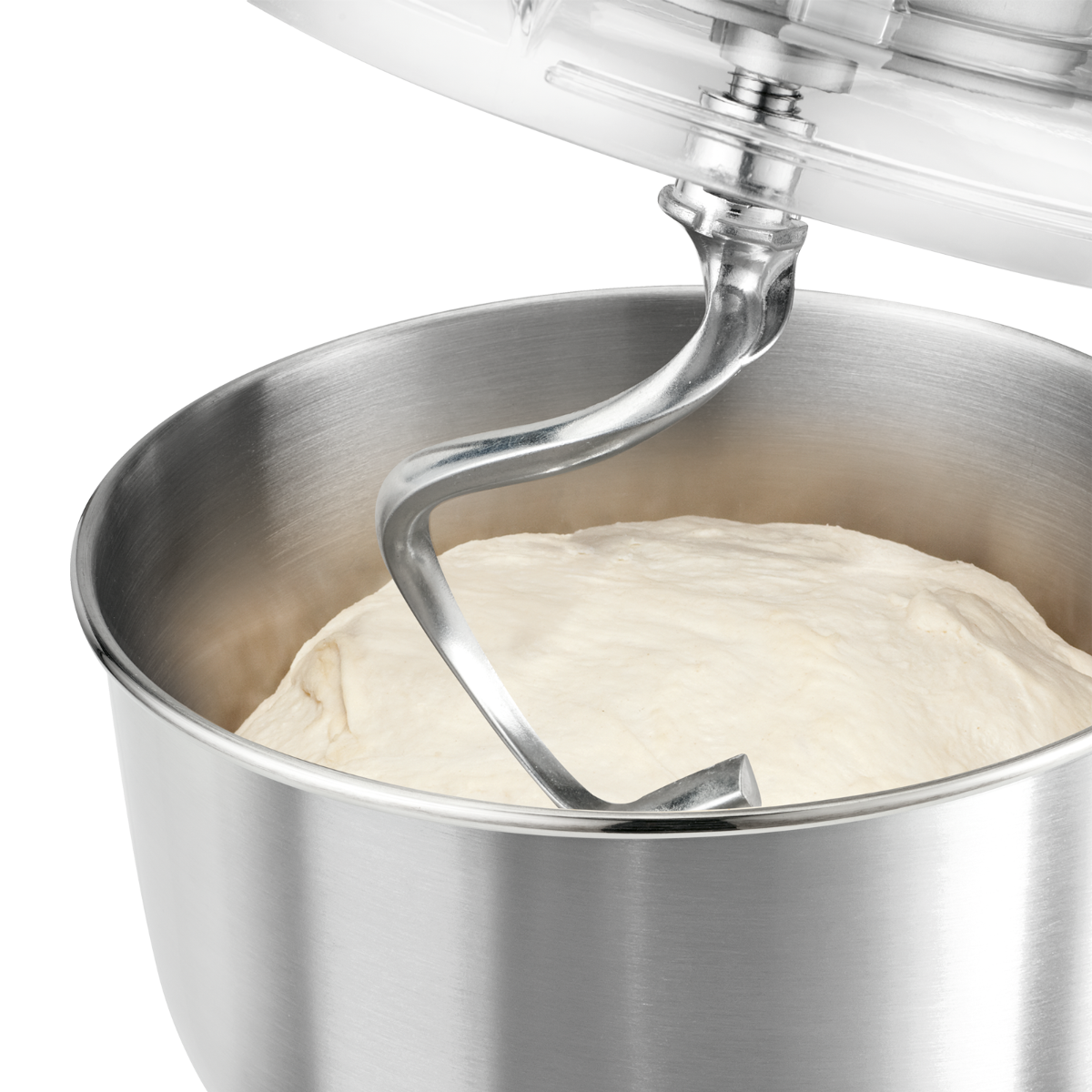 Miska ze stali nierdzewnej z ciastem i hakiem do ugniatania. Haczyk jest ze stali nierdzewnej.