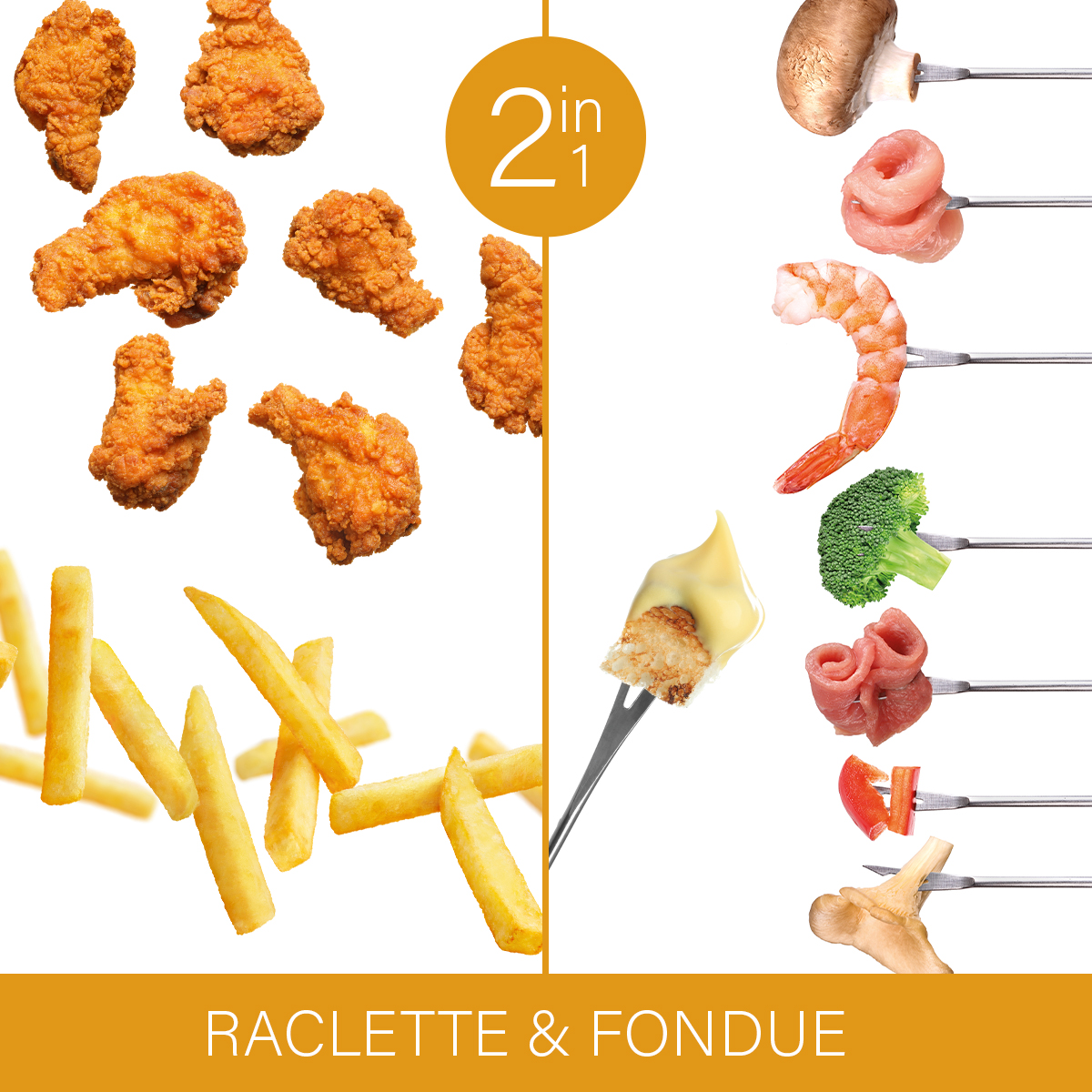 Smażony kurczak, frytki i elementy fondue do raclette i fondue.