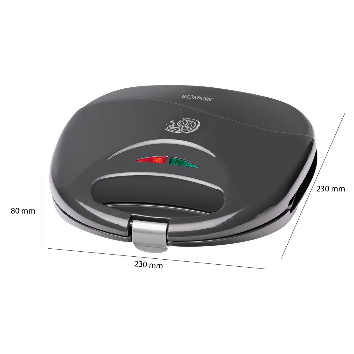 Czarny gofrownica Bomann. Zamknięte urządzenie jest owalne i ma wyświetlone wymiary.