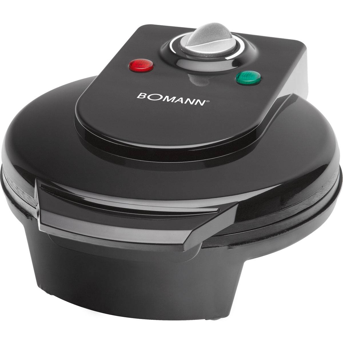 Czarny gofrownica z czerwonymi i zielonymi światłami. Marka BOMANN.