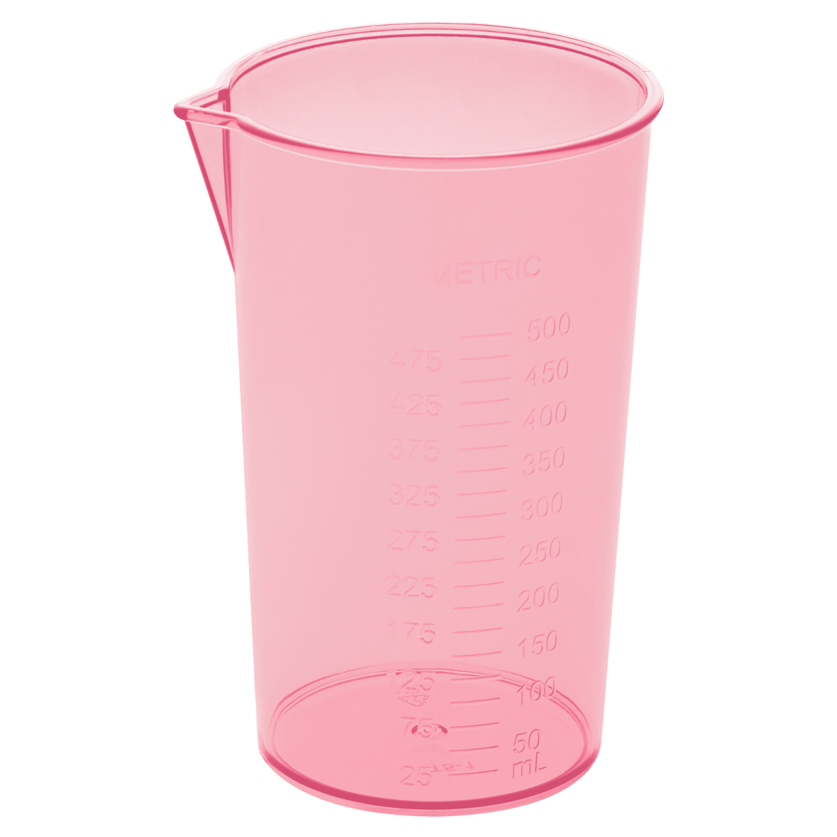 Przezroczysty różowy kubek z miarką. Ma miarki metryczne, od 25 do 500 ml.