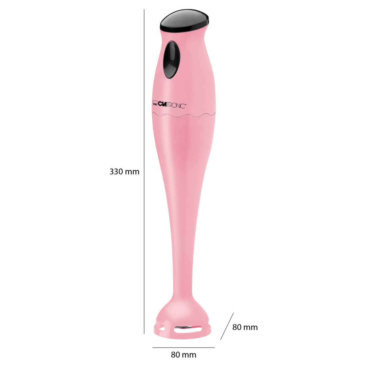 Różowy blender ręczny z czarnymi elementami sterującymi i detalami, z wymiarami. Czarne tło.