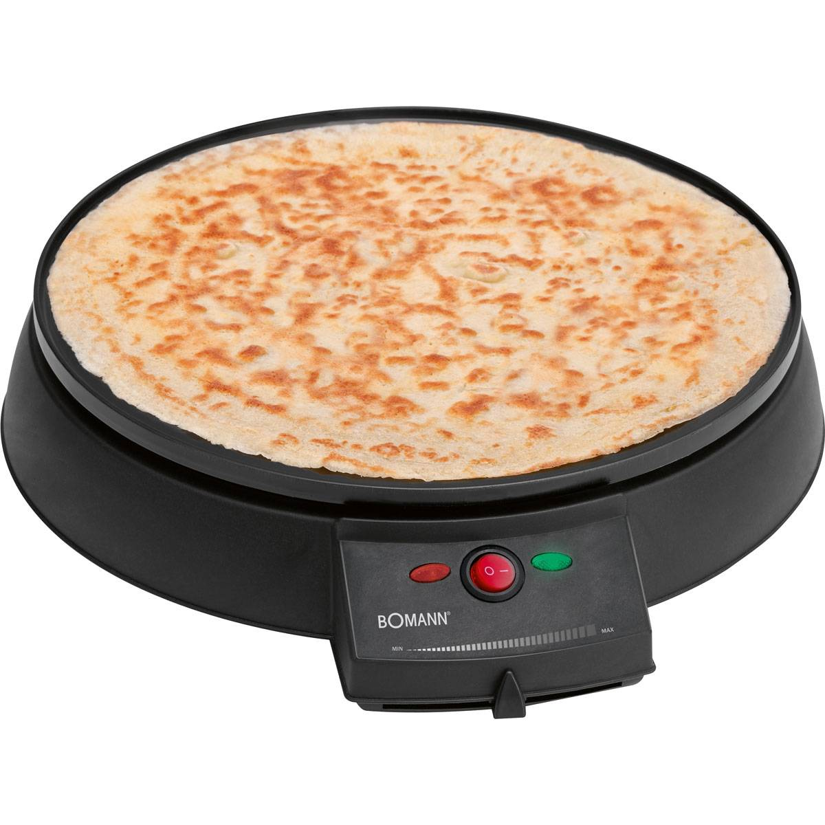 Ein schwarzer Crêpe-Maker mit einem Crêpe darauf, mit Steuertasten.