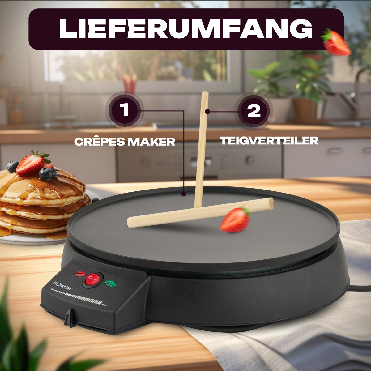 Ein Crêpe-Maker mit Erdbeeren, Pfannkuchen und Holzwerkzeugen.