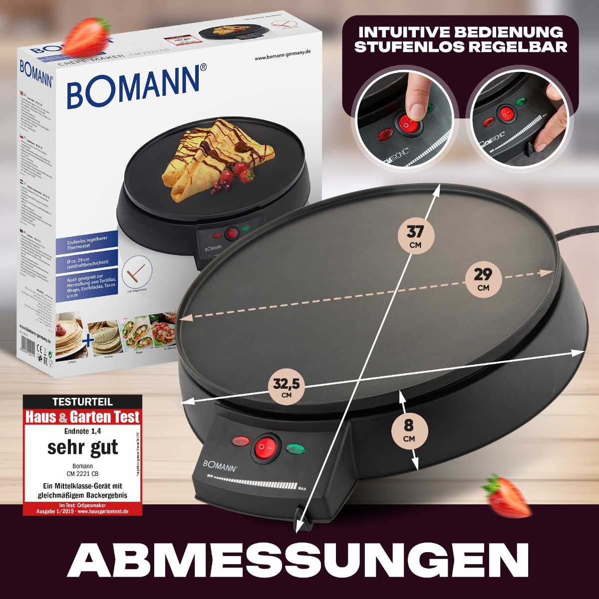 Crêpes-Maker mit Maßen und Erdbeeren.