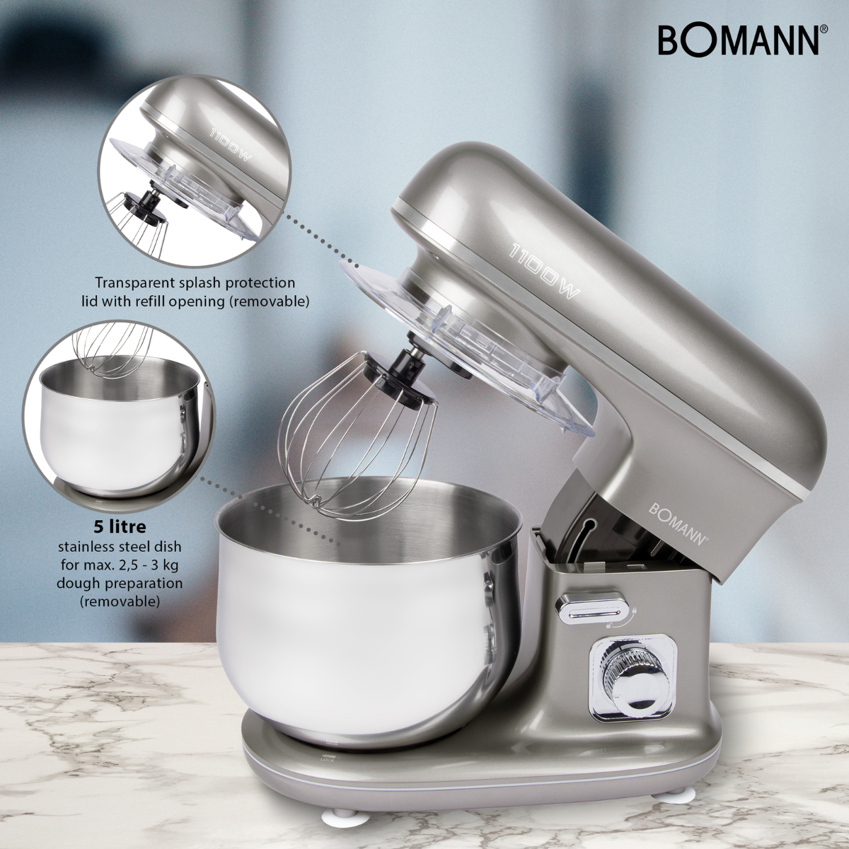 Silberfarbener Bomann-Küchenmixer mit Edelstahlschüssel, Spritzschutz und Schneebesen-Aufsatz.