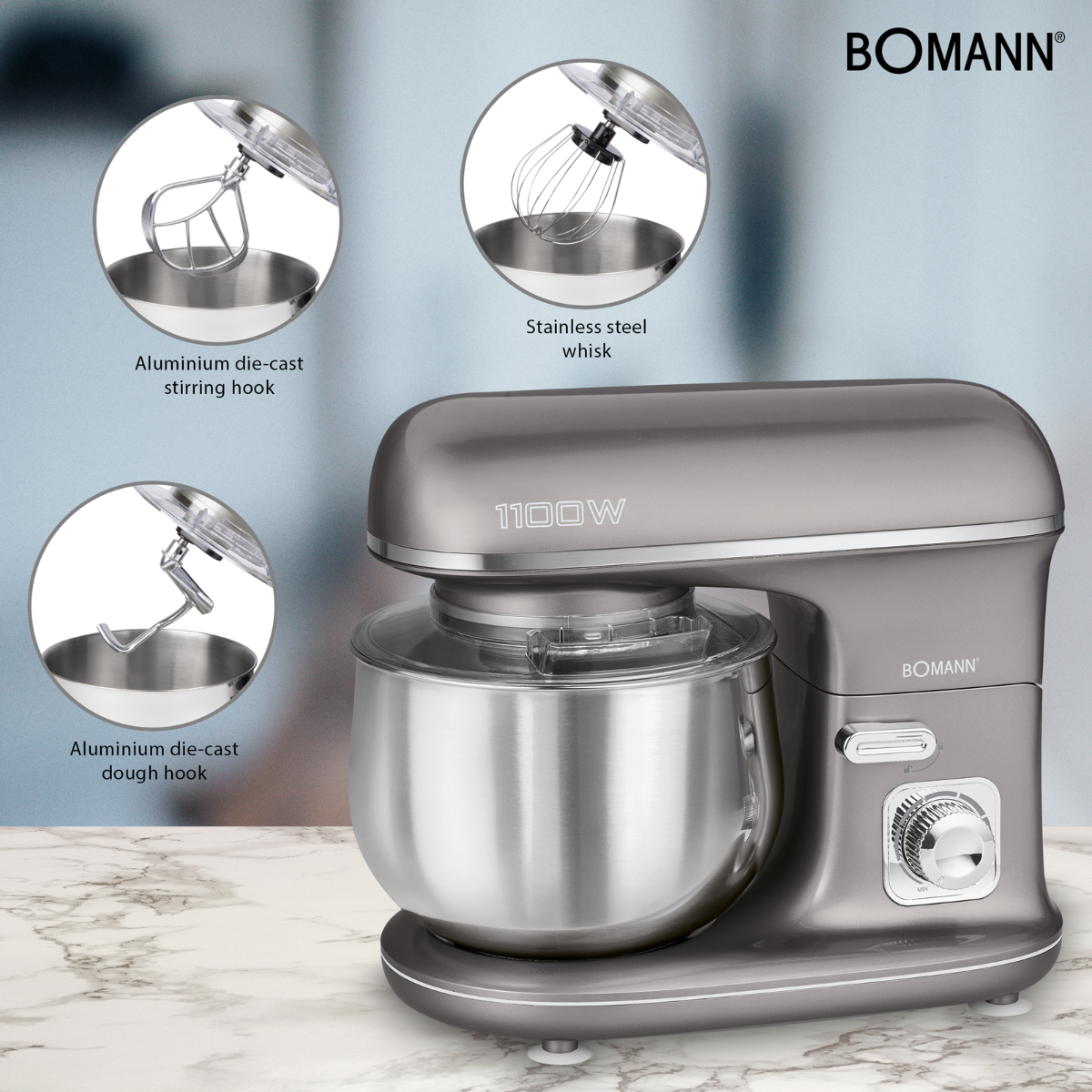 Ein silber-grauer Bomann-Küchenmixer wird mit drei insetierten Bildern seiner Teile gezeigt. Er steht auf einer Marmoroberfläche.