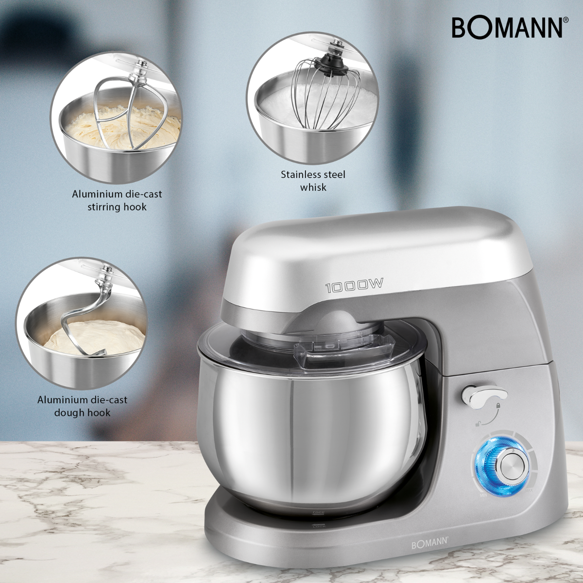 Srebrno-szary mikser kuchenny z przystawkami i szczegółami części.