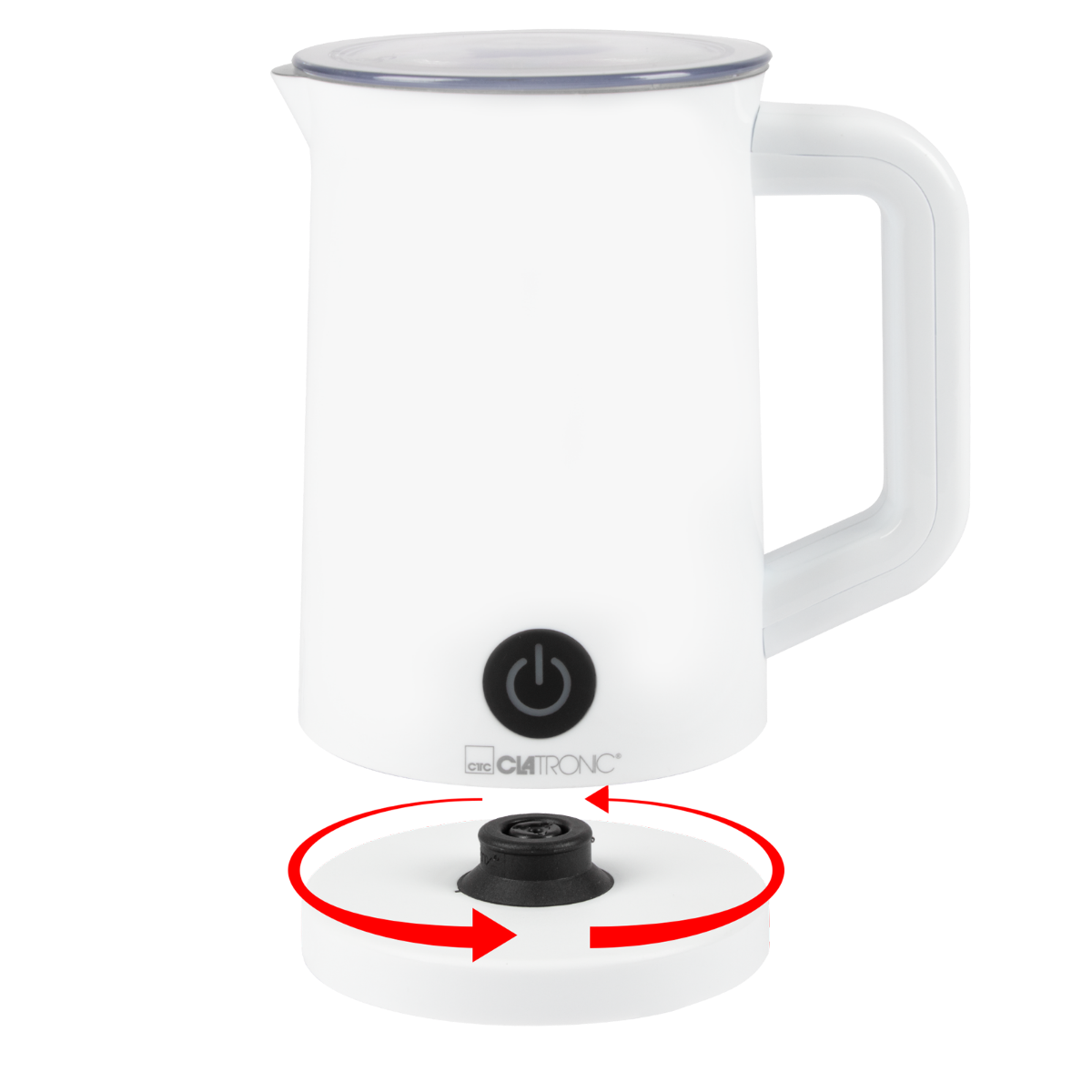 Biały elektryczny spieniacz do mleka na podstawie. Czerwone strzałki pokazują obrót podstawy. Czarny przycisk zasilania.