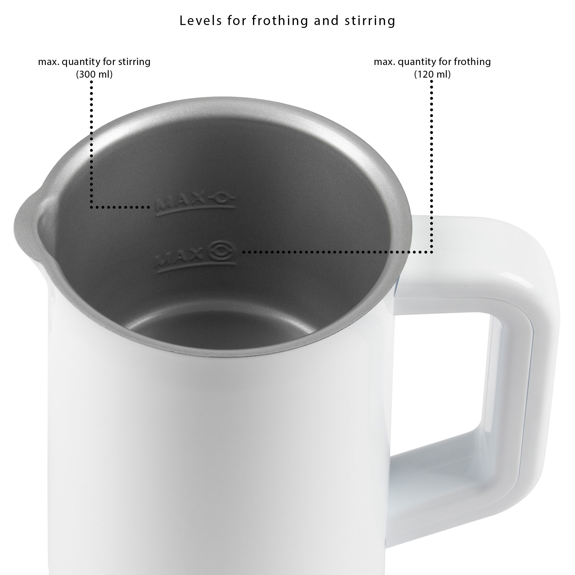 Biały spieniacz do mleka z uchwytem, pokazujący poziomy do mieszania i spieniania, białe tło.