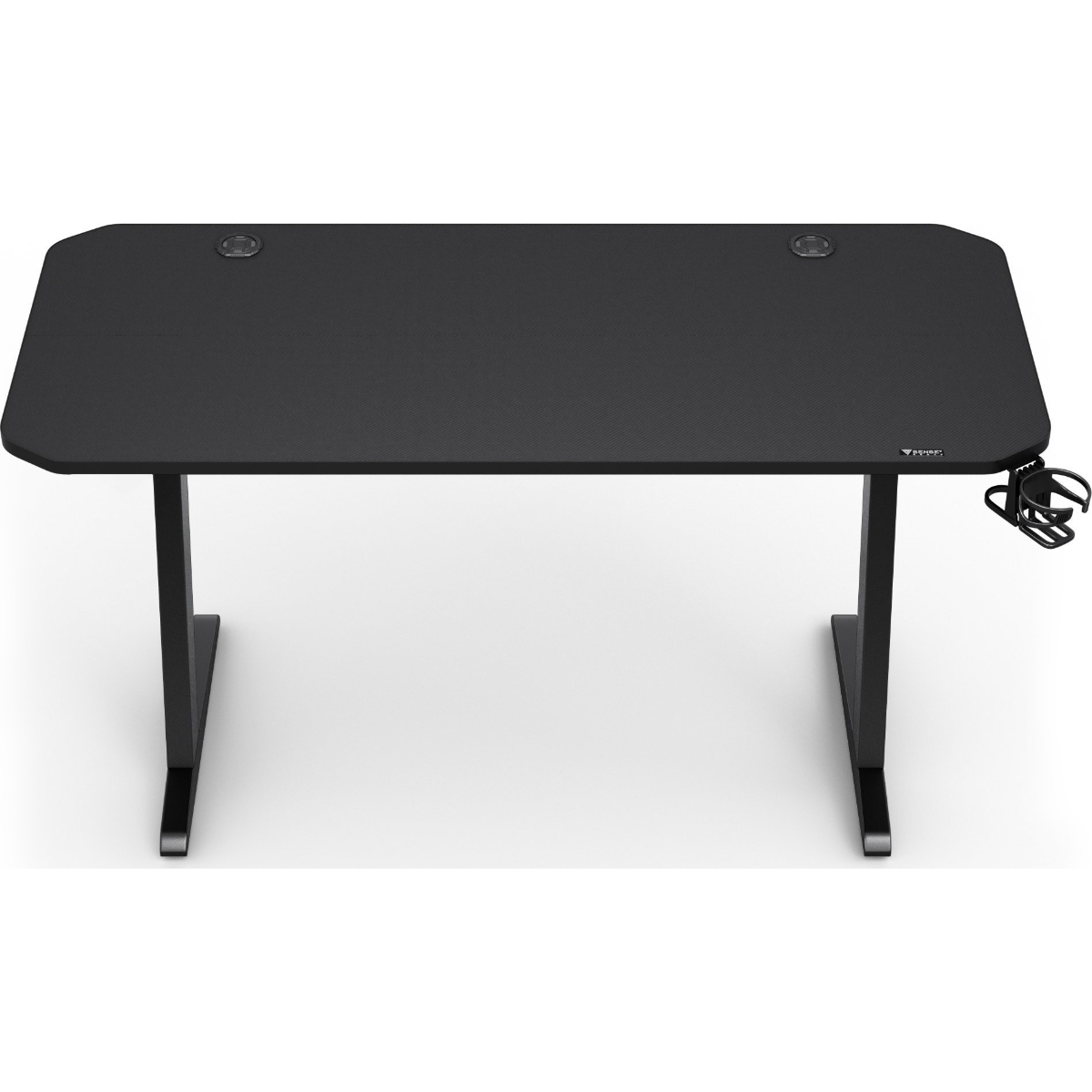 Zwarte desk met twee gaten en een bekerhouder aan de rechterkant. Witte achtergrond.
