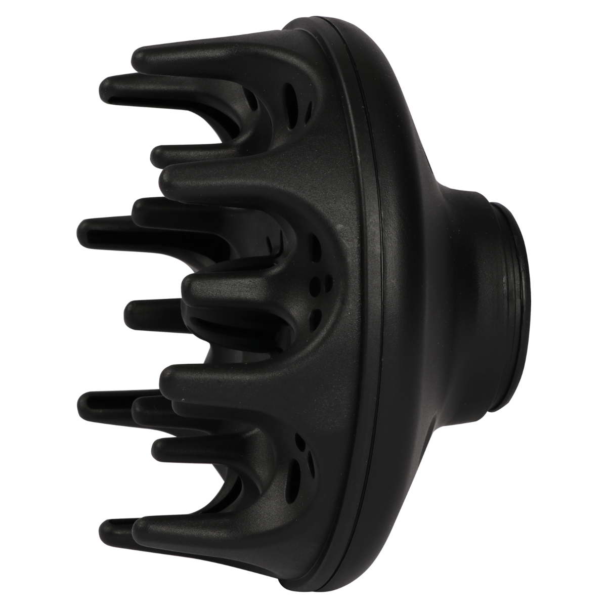 Czarny dyfuzor do suszarki do włosów. Ma wiele zębów.