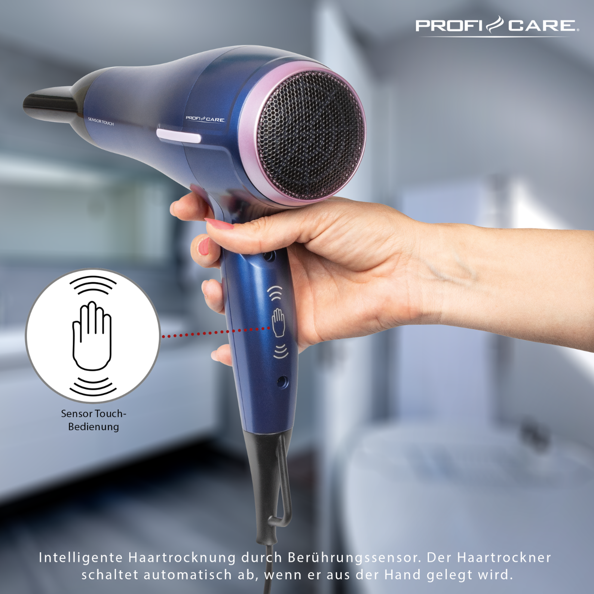 Niebieska suszarka do włosów w dłoni. Różowe akcenty i czarny siatkowy przód. Grafika czujnika dłoni.