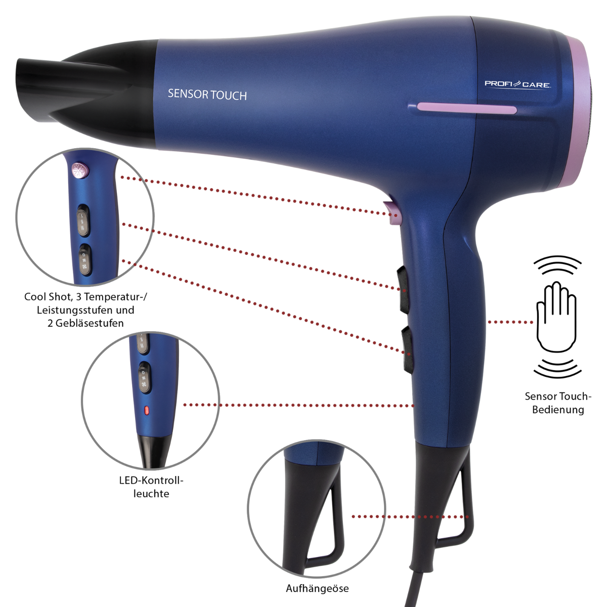 Niebieska suszarka do włosów, zbliżenie na elementy sterujące. Różowe akcenty. Tekst Sensor Touch. Czarne tło.