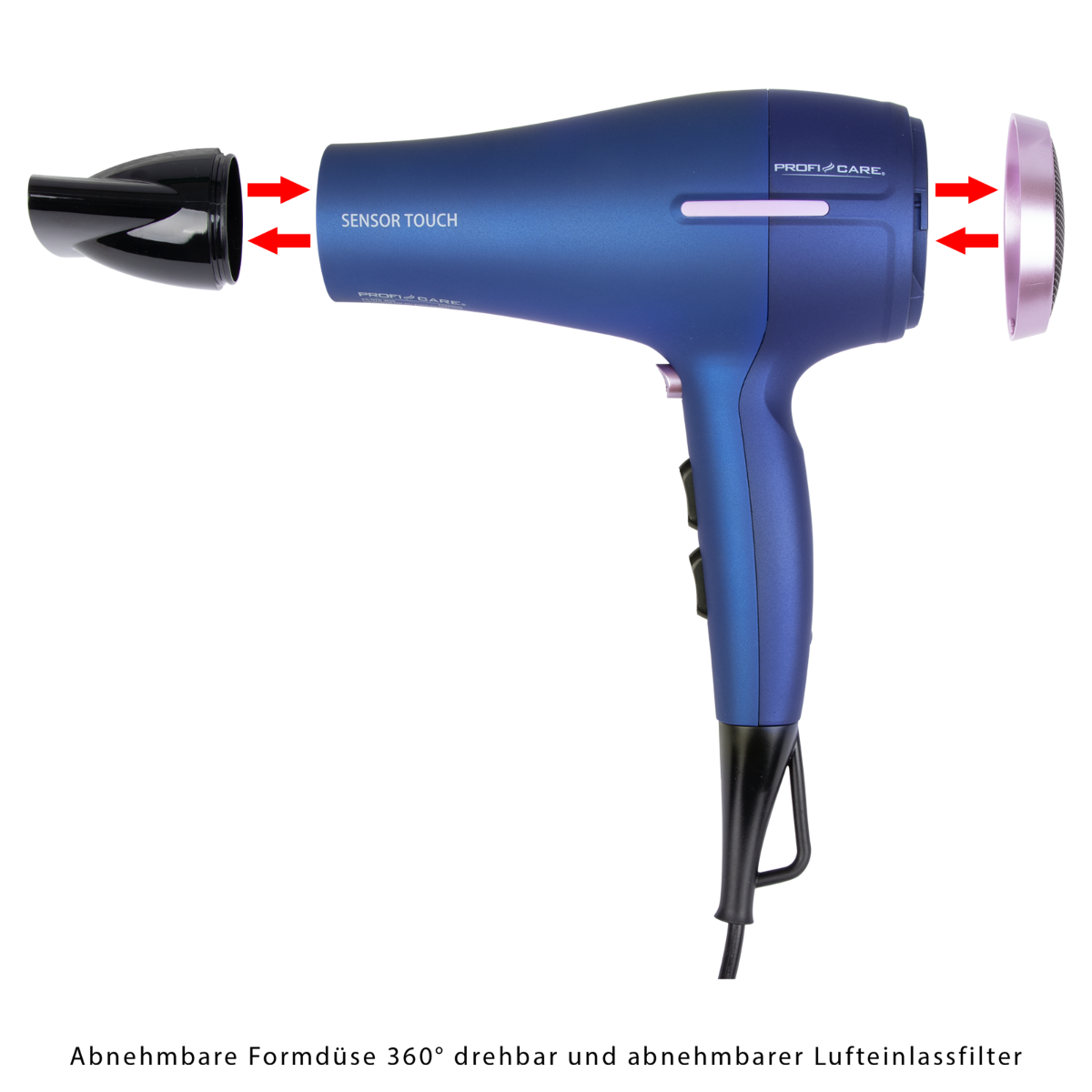 Niebieska suszarka do włosów z nasadkami i czerwonymi strzałkami pokazującymi połączenie. Czarne tło.