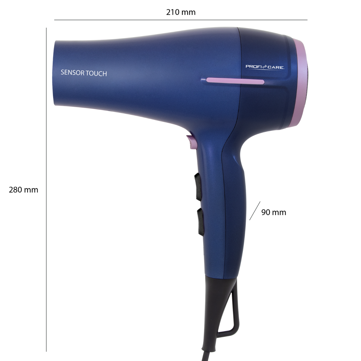 Niebieska suszarka do włosów z różowymi akcentami i oznaczonymi wymiarami.