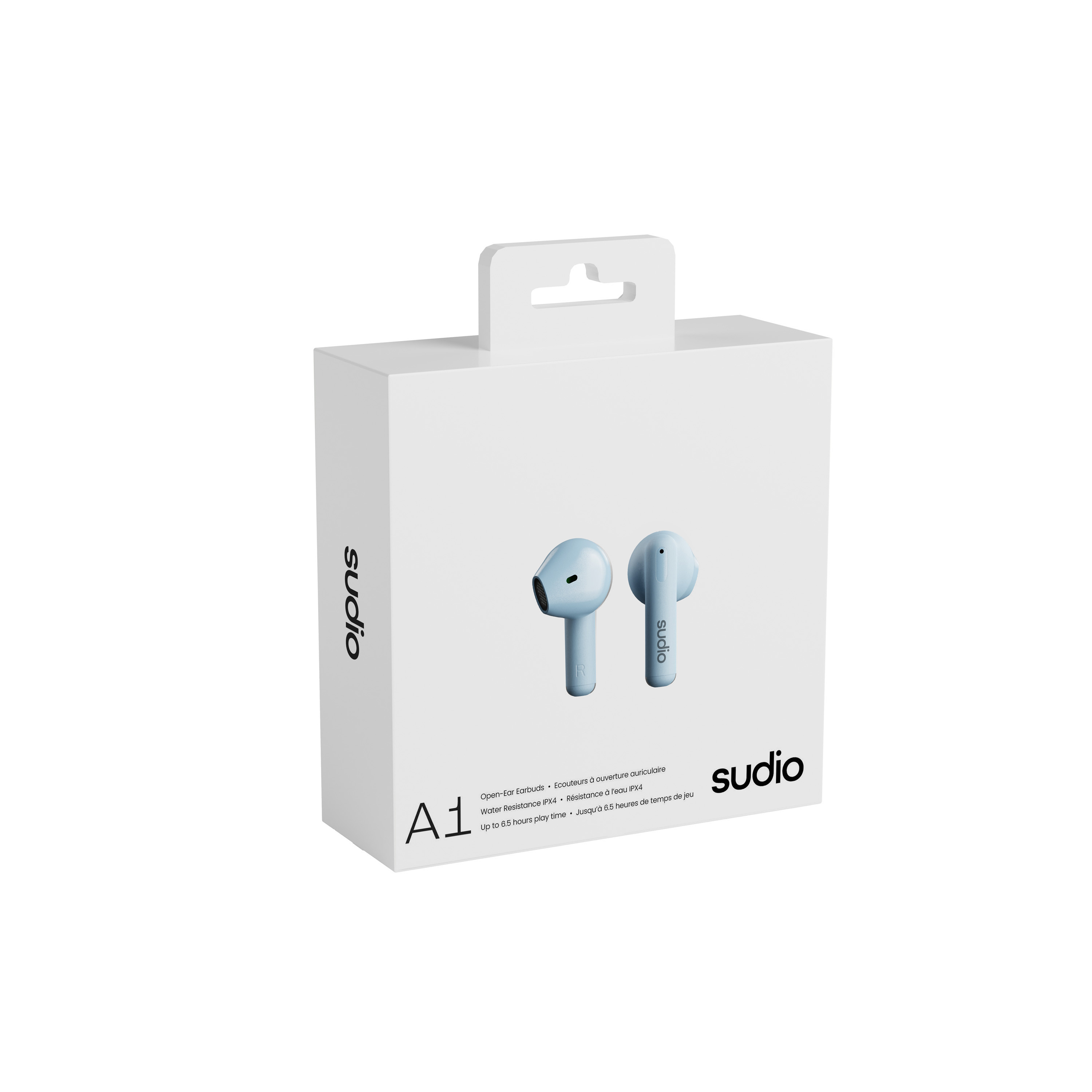 Pudełko białych słuchawek z niebieskimi wkładkami dousznymi z napisem sudio.
