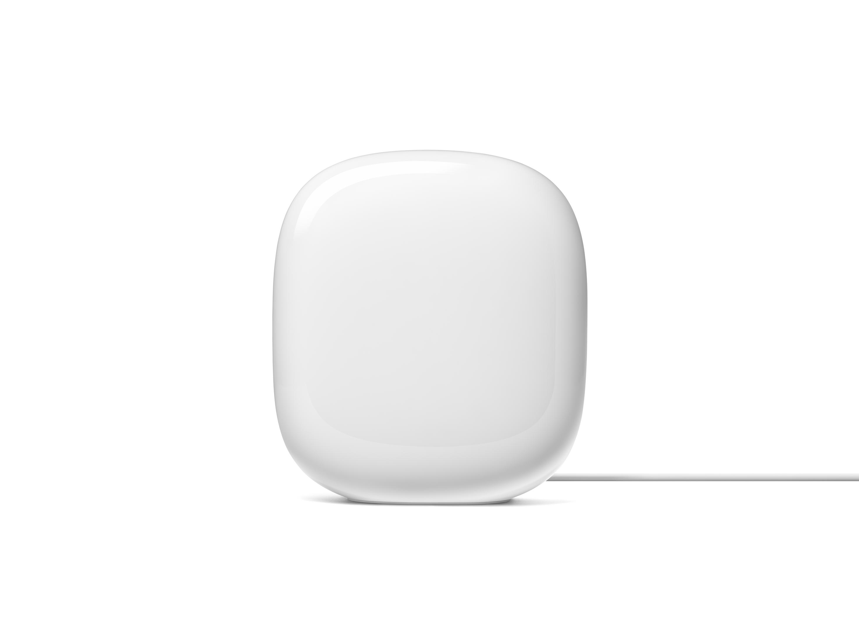 Un dispositivo Google Nest Wifi blanco con un cable que se extiende hacia abajo.