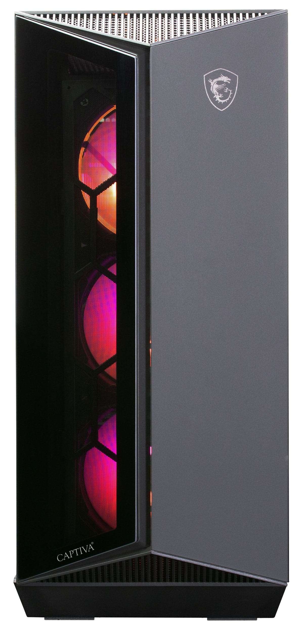 Boîtier d'ordinateur MSI Captiva, noir et façade vitrée, lumières internes.