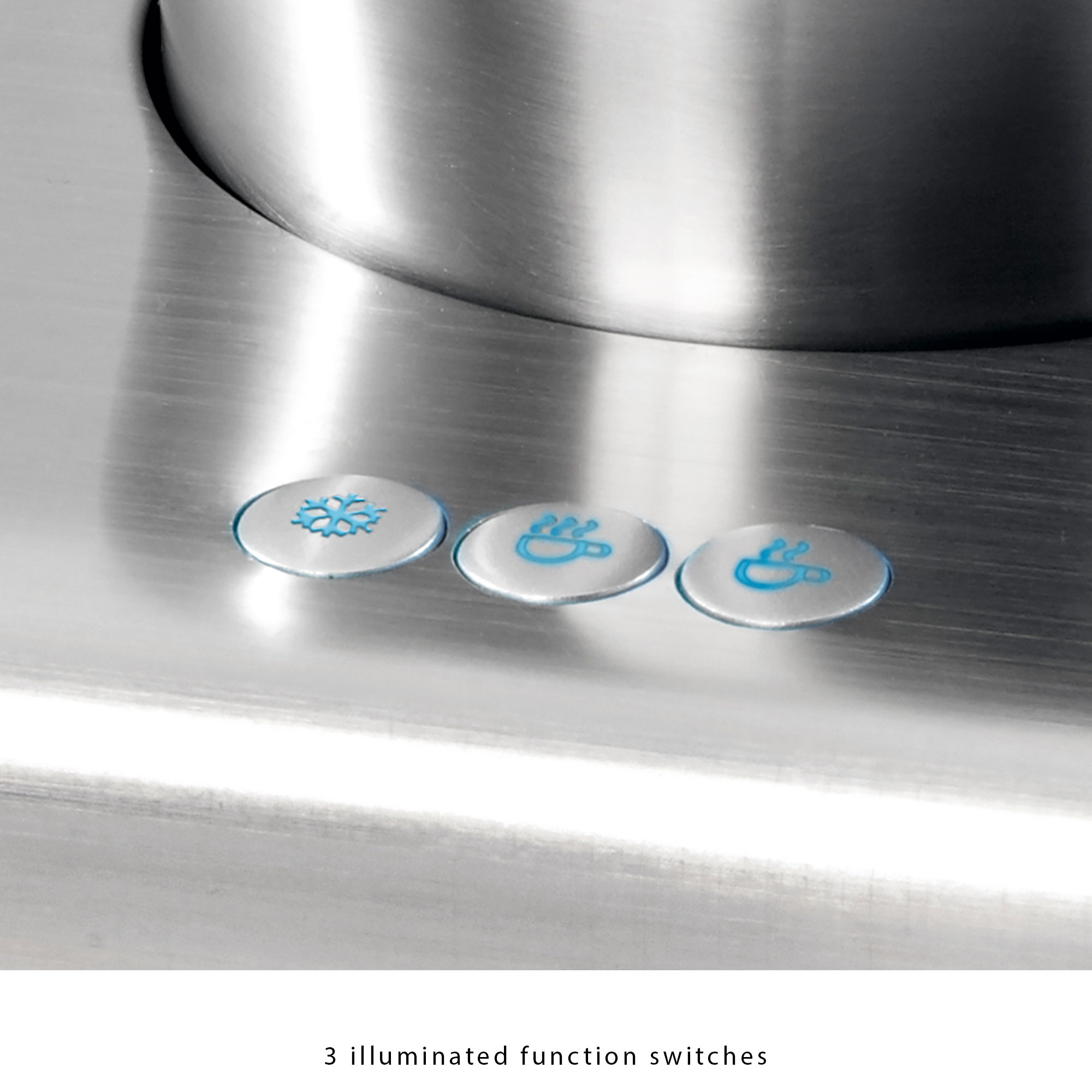 Panel ze stali nierdzewnej z trzema podświetlanymi przełącznikami funkcji: płatek śniegu, filiżanka i filiżanka z parą.
