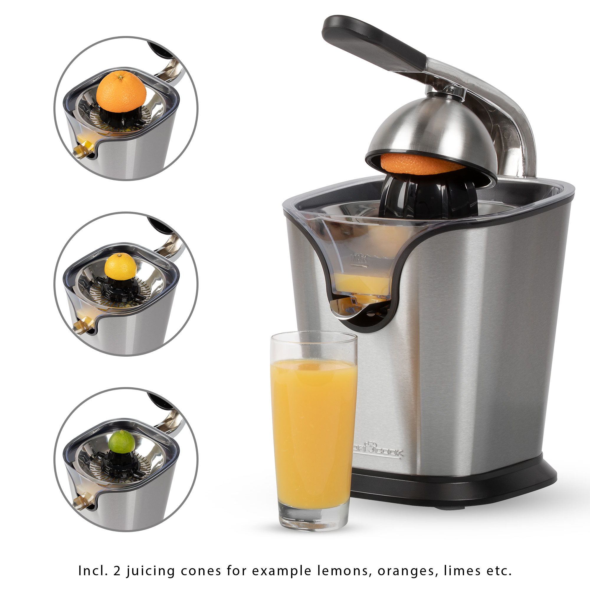 Srebrna wyciskarka do soku z sokiem pomarańczowym i przykładami owoców.