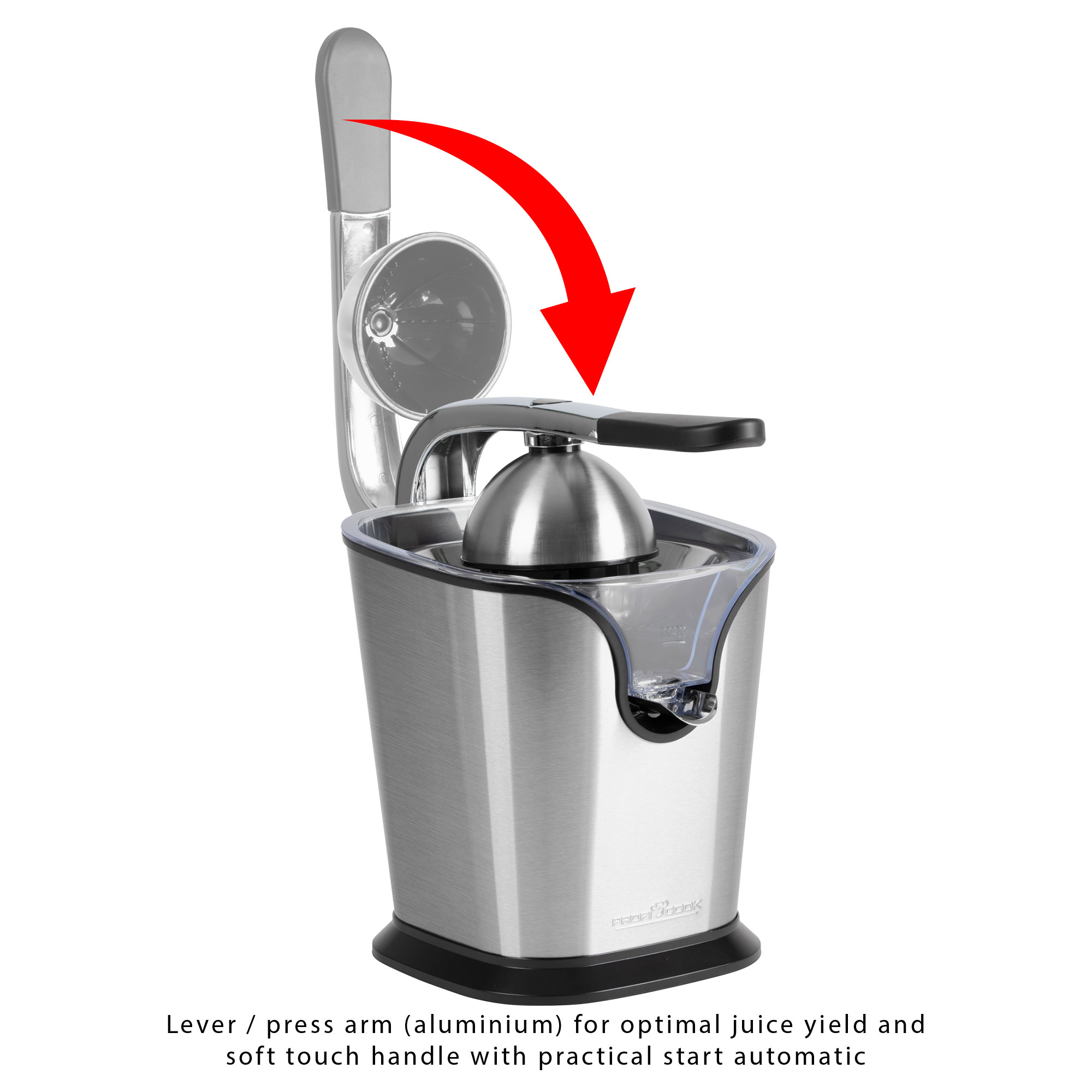 Srebrna wyciskarka do soków z czarną podstawą. Strzałka wskazuje kierunek ruchu dźwigni.