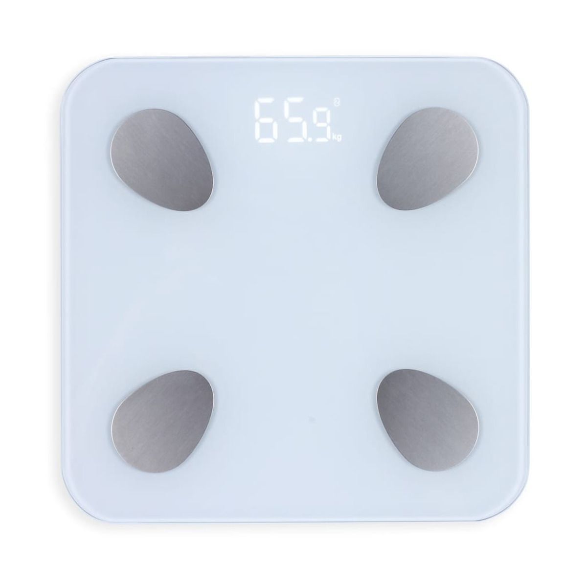 Biała waga cyfrowa z czterema srebrnymi podkładkami, pokazująca 65.9 kg.