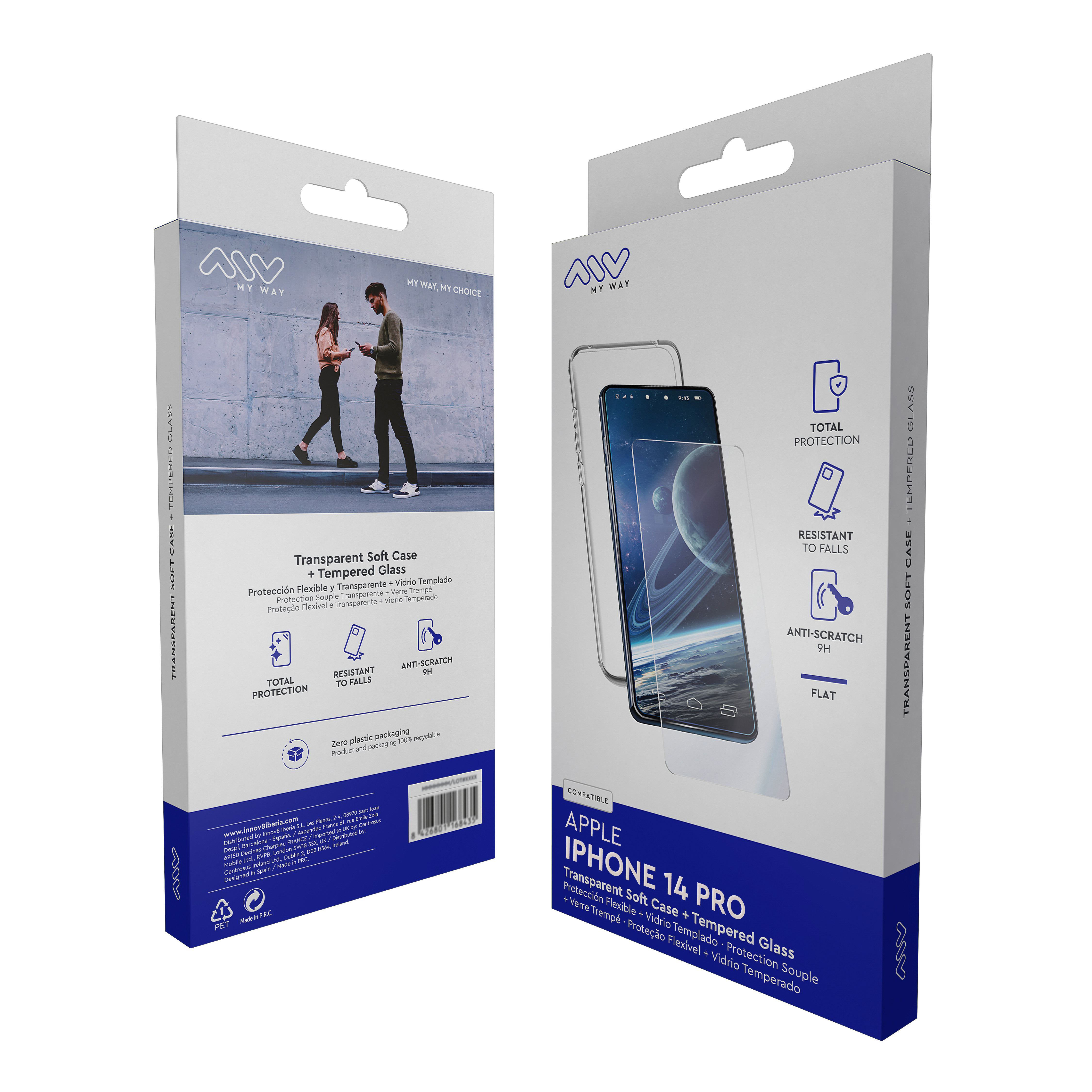 Dos cajas de protector de pantalla de teléfono que muestran un teléfono. El texto incluye 'Protección Total'.