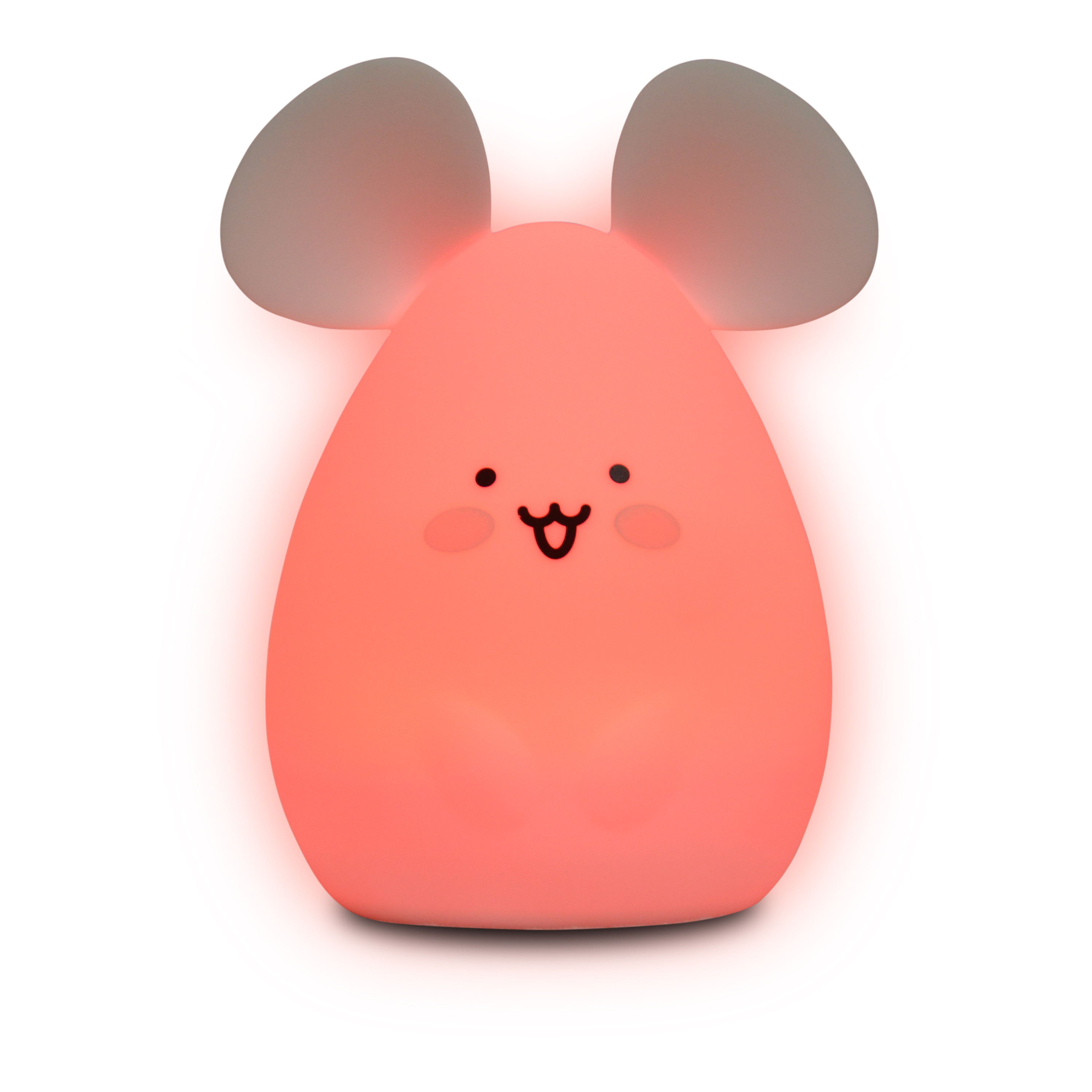 Luz nocturna rosa con forma de ratón sonriente. Brillo rojo.