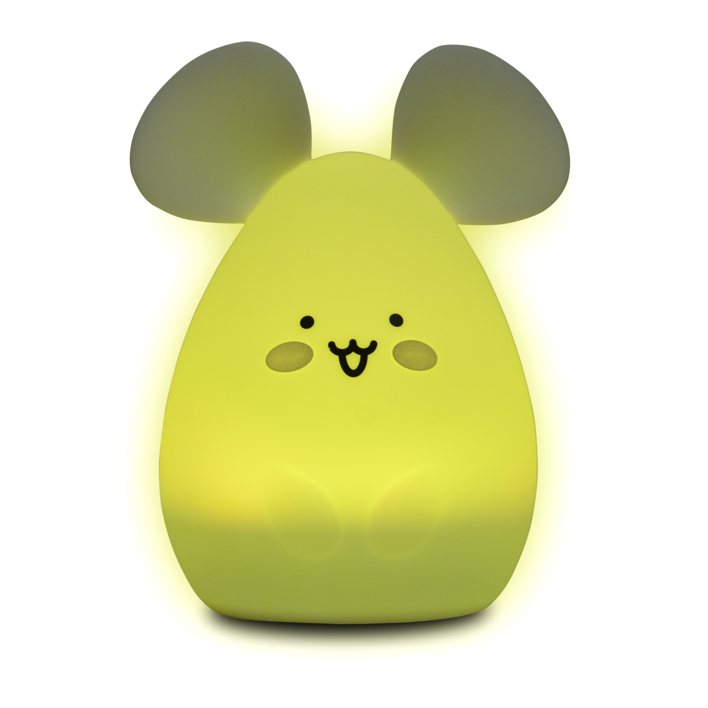 Luz nocturna verde con forma de ratón, brillando en amarillo. Cara sonriente. Fondo blanco.