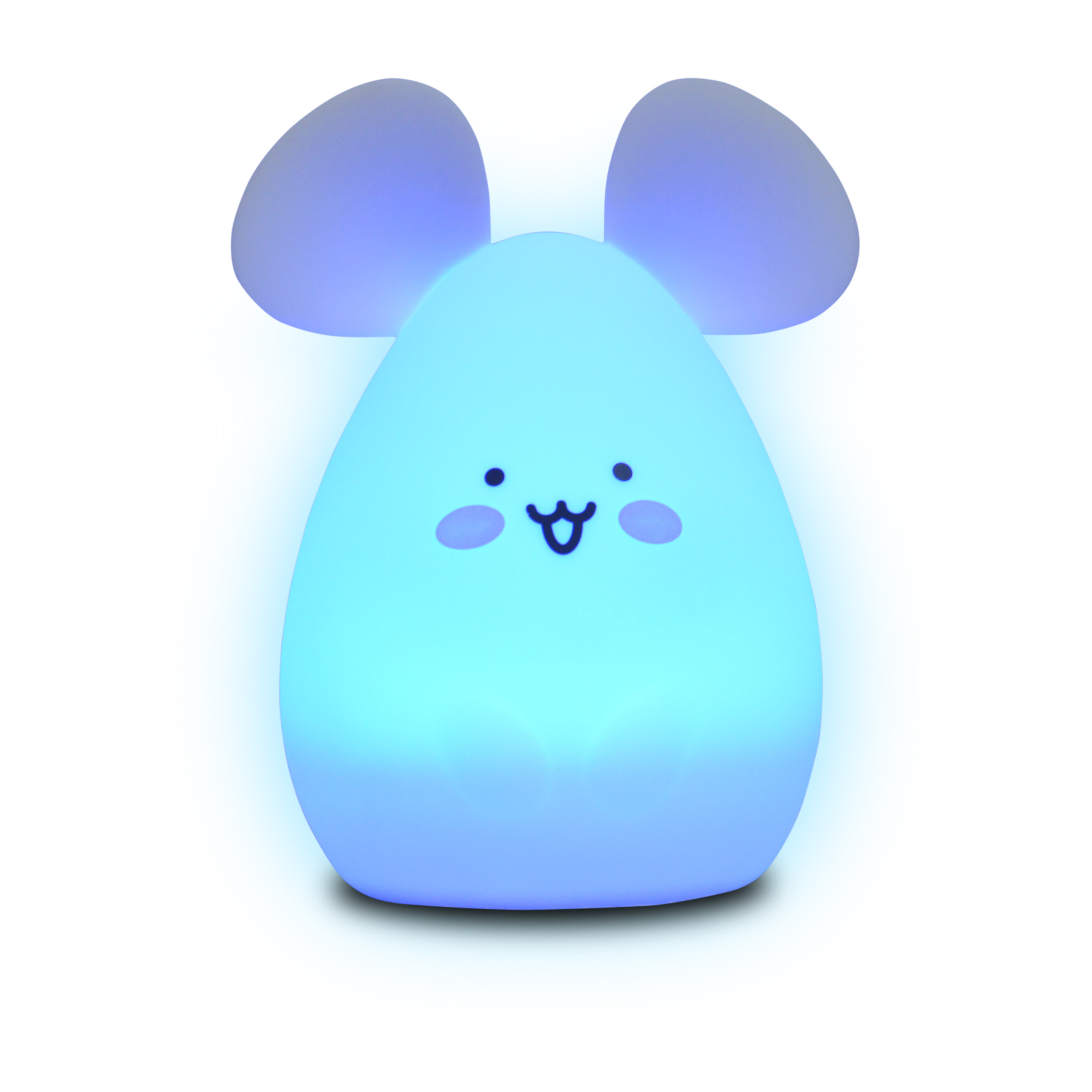 Una luz de noche azul con forma de ratón que brilla. Tiene una cara sonriente y orejas grandes.