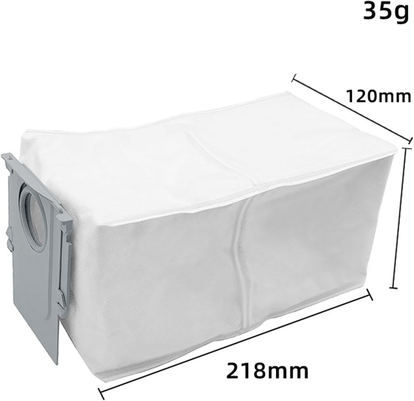 Biały worek do odkurzacza o wymiarach 218x120x35mm. Szara plastikowa ramka.