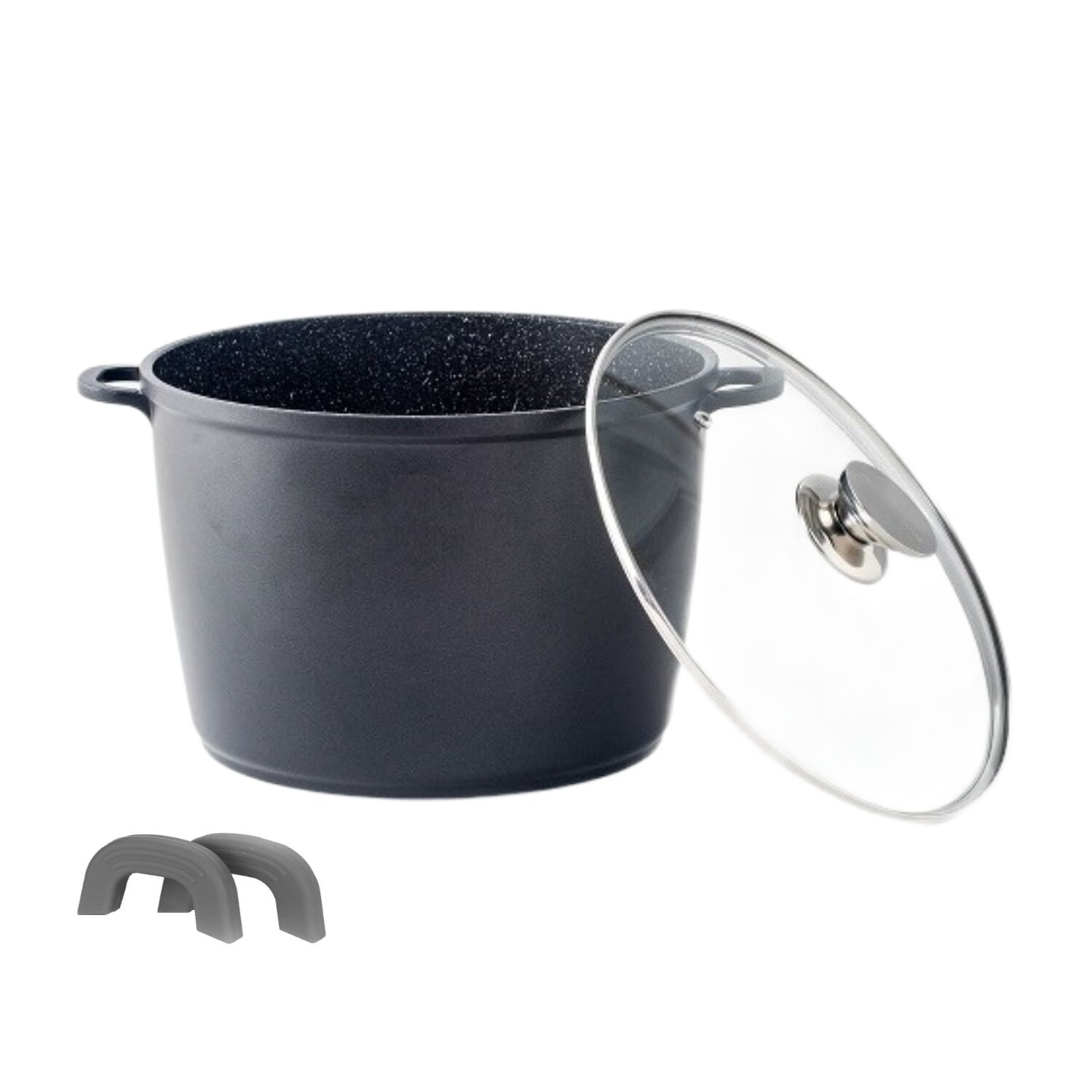 Schwarzer Topf mit Griffen und Glasdeckel auf weißer Oberfläche. Graue Griffschützer unten.