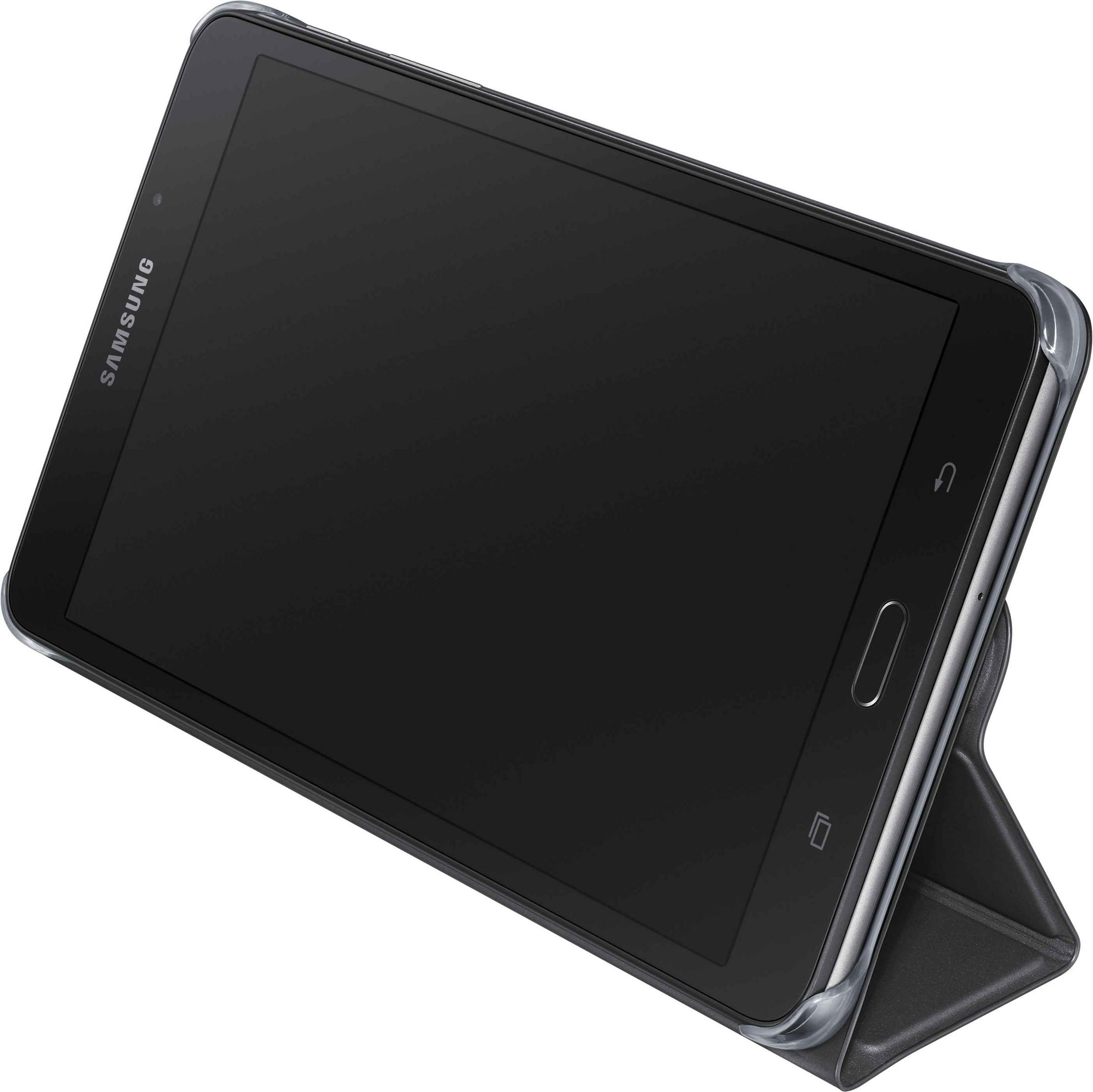 Ein schwarzes Tablet in einer transparenten Hülle ist angewinkelt, wobei der Bildschirm sichtbar ist. Das Tablet steht auf einem Ständer.