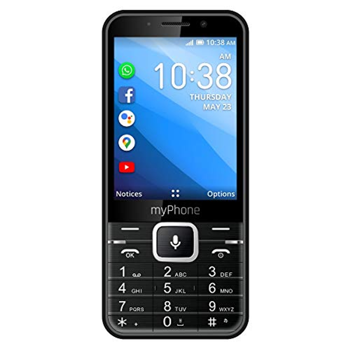 Schwarzes myPhone mit Touchscreen, der Zeit und Datum sowie Symbole für Apps wie Facebook und YouTube anzeigt.