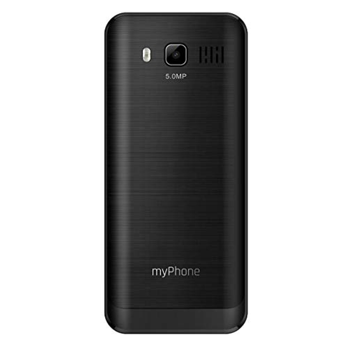 Schwarzes Mobiltelefon mit Kamera und der Marke 'myPhone' auf der Rückseite.