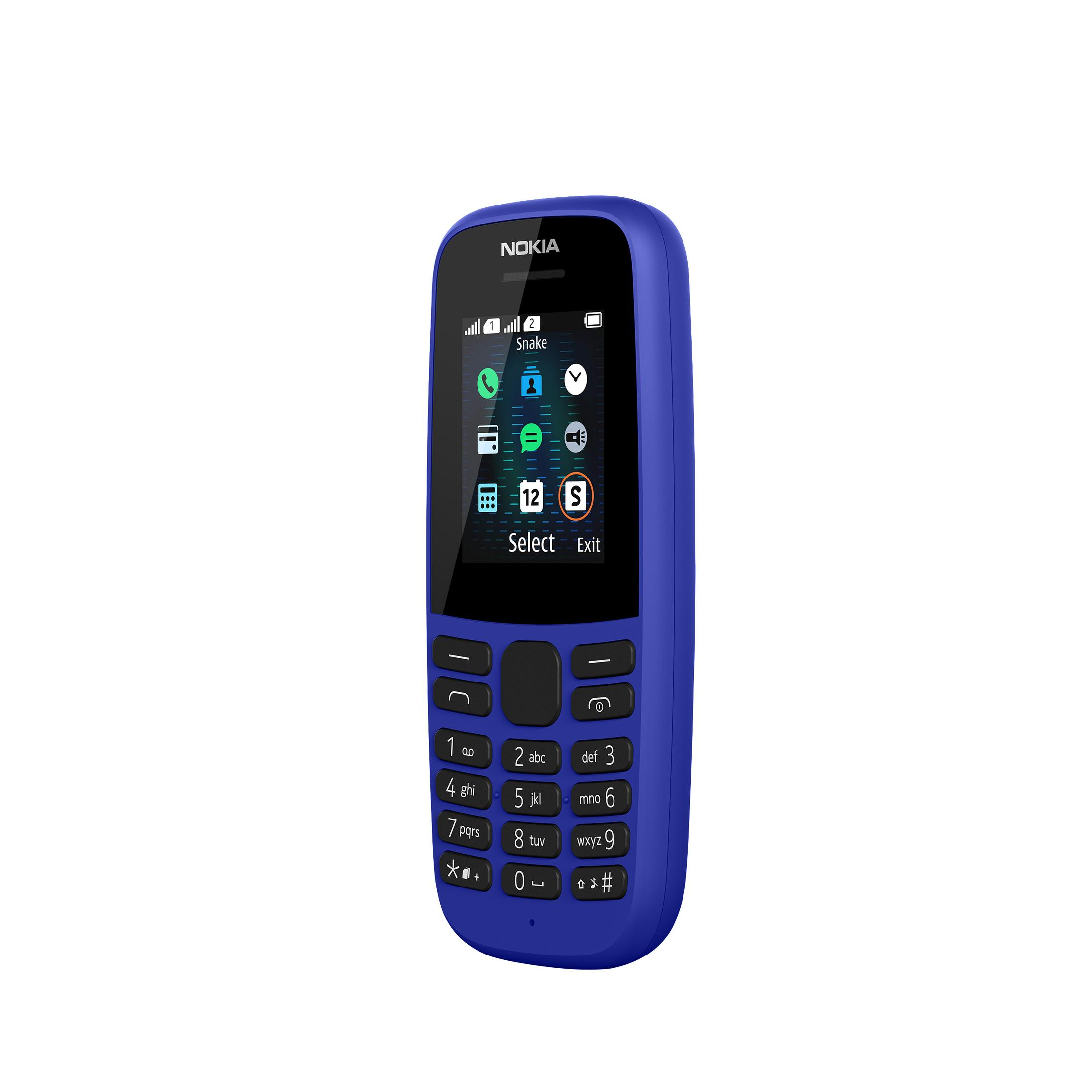 Blaues Nokia-Telefon, zeigt den Bildschirm mit Symbolen und eine Tastatur. Nokia-Logo ist sichtbar.